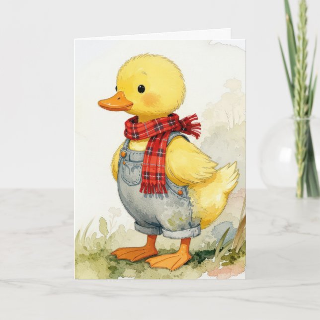 Birthday Watercolor Duck In Overalls Kort (Framsida)