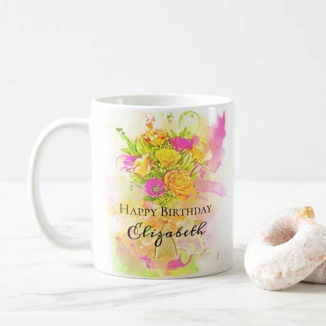Birthday Watercolor Flower Bouquet Kaffemugg (Med munk)