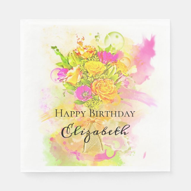 Birthday Watercolor Flower Bouquet Pappersservett (Framsidan)