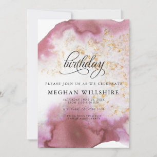 Birthday Watercolor Ro Quartz Guld Geode Inbjudningar