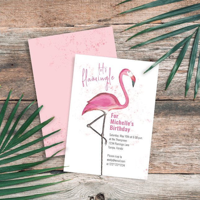 Birthday Watercolor Rosa Tropical Beach Flamingo Inbjudningar (Birthday pink flamingo invitation with "let's Flamingle" wording. )