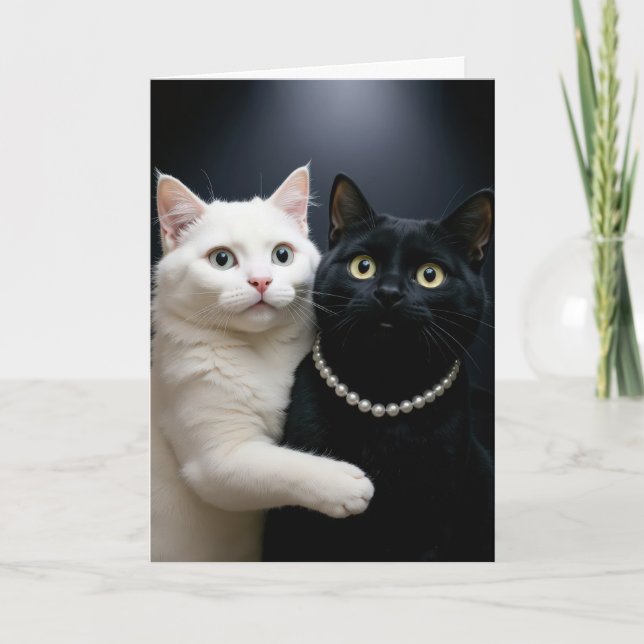 Birthday White Cat Hugger en svart katt Kort (Framsida)