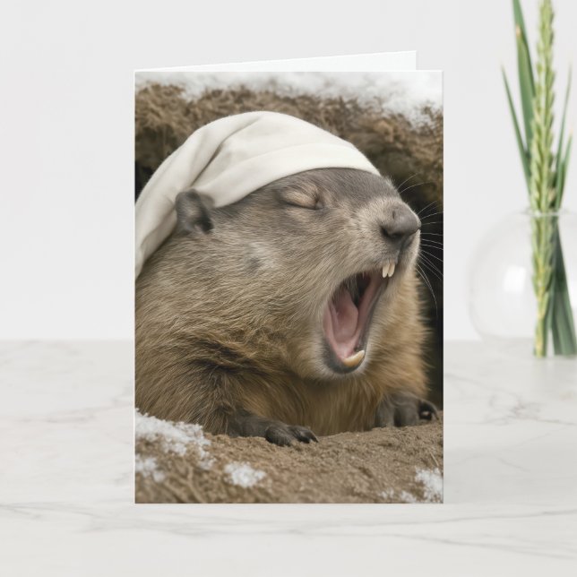 Birthday Yawning Groundhog Wearing a Nightcap Kort (Framsida)