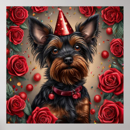 Birthday Yorkshire Terrier Wearing Party Hat Poster