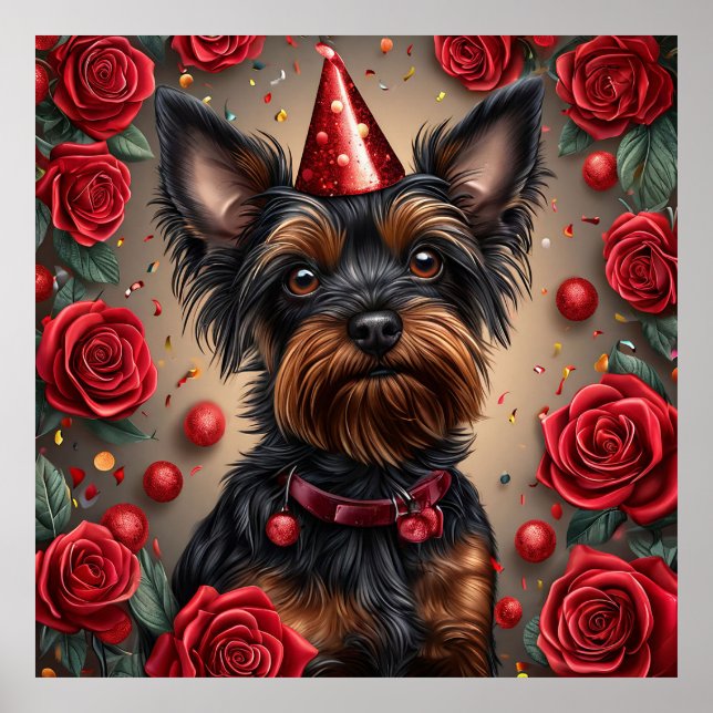 Birthday Yorkshire Terrier Wearing Party Hat Poster (Framsidan)