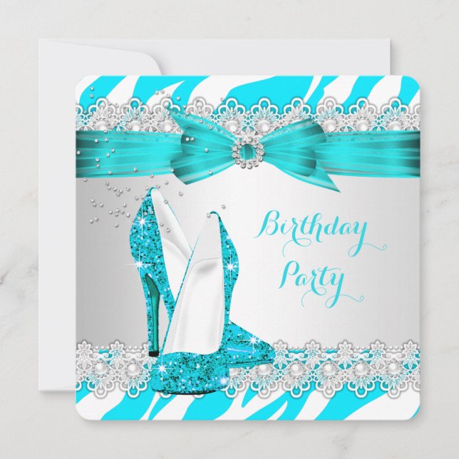 Birthday: Zebra Teal Blue High Heel Snöre Pearl Inbjudningar (Framsida)