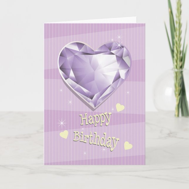 Birthstone Februari Lila Amethyst Heart Birthday Kort (Framsida)