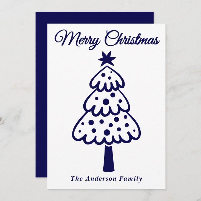 Biscantisk marin blå Hand plockade Julgran Julkort (Fram/baksida)