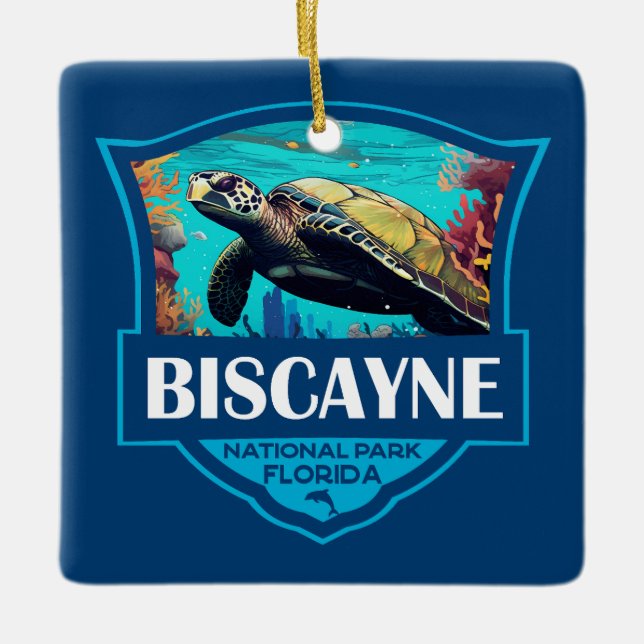 Biscayne nationalpark Turtle Illustration Retro Julgransprydnad Keramik (Framsida)