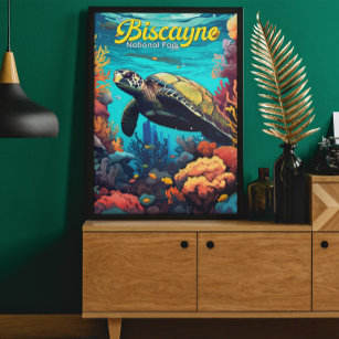 Biscayne nationalpark Turtle Illustration Retro Poster