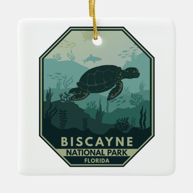 Biscayne nationalpark Turtle Retro Emblem Julgransprydnad Keramik (Framsida)