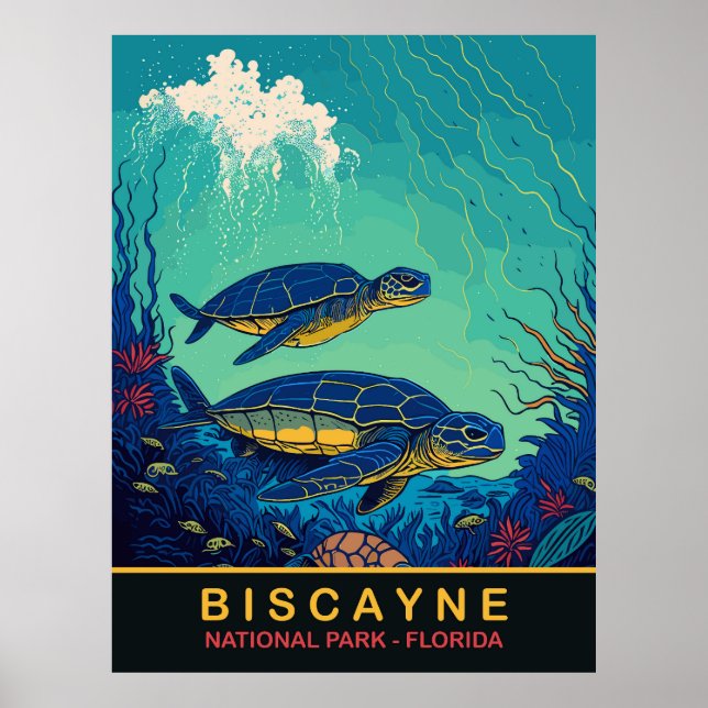 Biscayne, Sköldpaddor Under Vatten, Florida, Resa Poster (Framsidan)