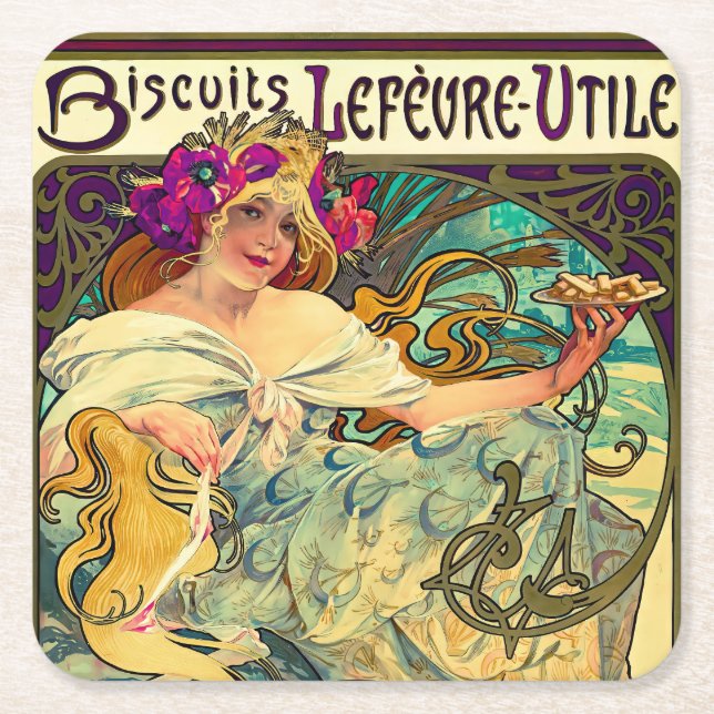 Biscuits Lefevre-Utile av Alphonse Mucha (1896) Underlägg Papper Kvadrat (Framsidan)