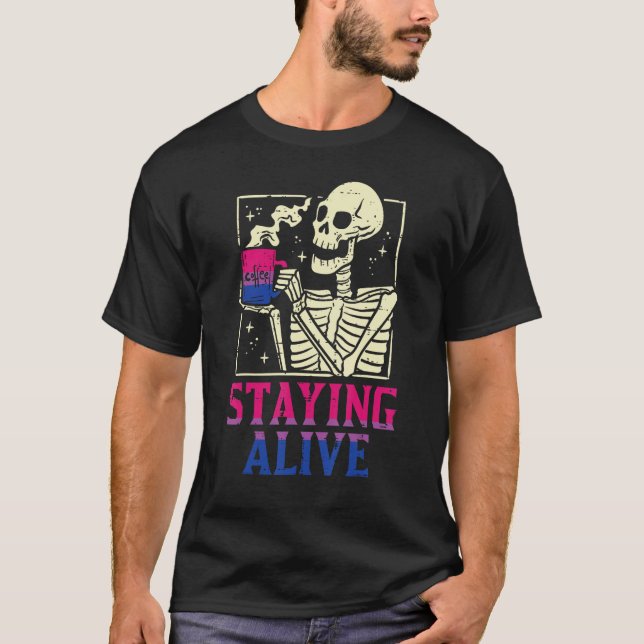 Bisexual Skeleton Staying Alive Bi Pride Flag Lgbt T Shirt (Framsida)