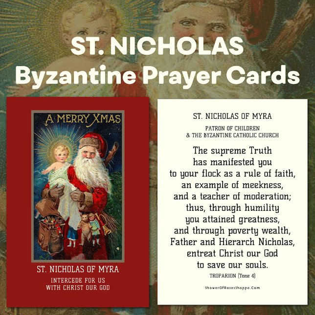 BISHOP ST. NICHOLAS OF MYRA PRAYER HELIGA CARDS VISITKORT (St. Nicholas of Myra Byzantine Catholic Prayer Cards with Santa Claus holding Jesus )