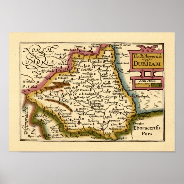 Bishopprick Durham County Karta, England Poster (Framsidan)