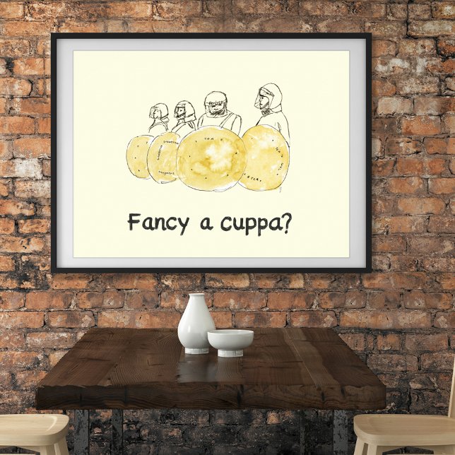 Biskuitpolisen tecknar rolig fånig en kopp slogan poster (Funny coffee drinkers joke fancy a cuppa sketch original artwork by artist Catherine Sweetman)