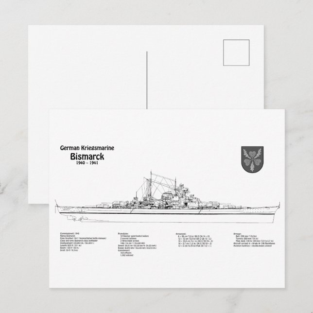 Bismarck - BD - Battleshöftblåsningsplaner Vykort (Fram/baksida)