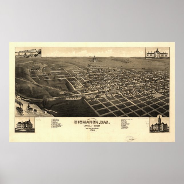 Bismarck North Dakota 1883 Antique Panoramic Karta Poster (Framsidan)