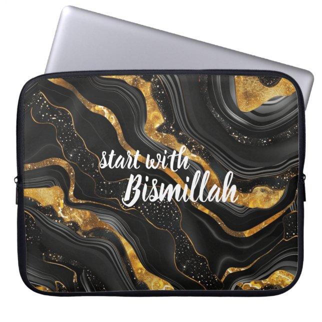 Bismillah Alhamdullilah Gold Black Agate Laptop Fodral (Framsidan)