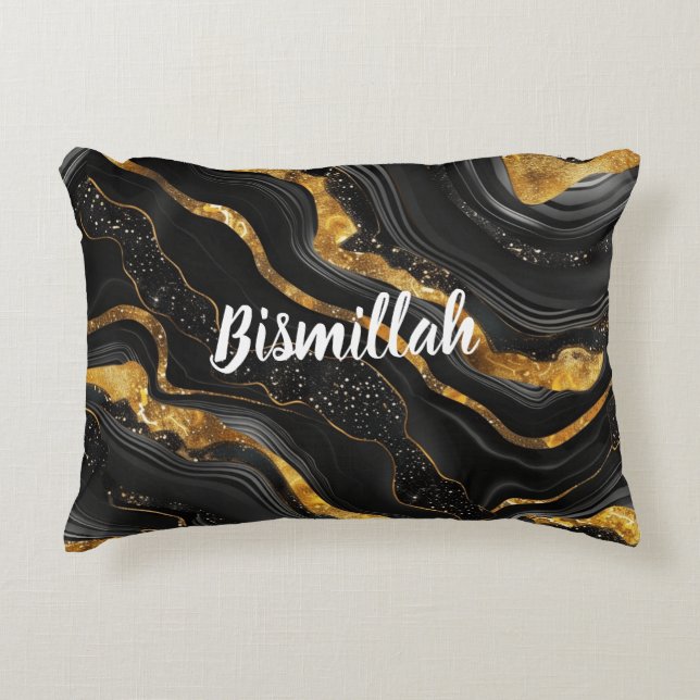 Bismillah Alhamdullilah Guld Svart Agat Prydnadskudde (Framsidan)