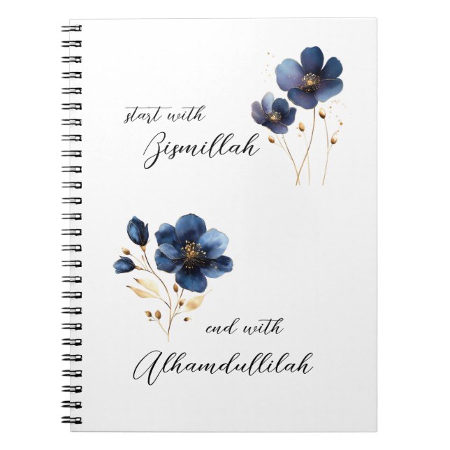 Bismillah Alhamdullilah Navy Guld Blommig Anteckningsbok (Framsidan)