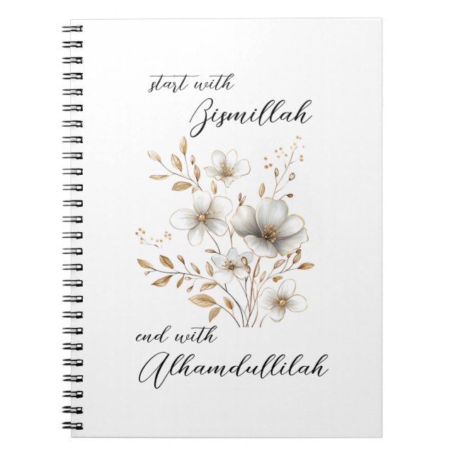 Bismillah Alhamdullilah Vit Guld Blommig Anteckningsbok (Framsidan)