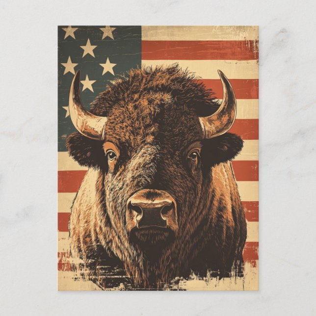 Bison American flagga vintage Vykort (Framsida)