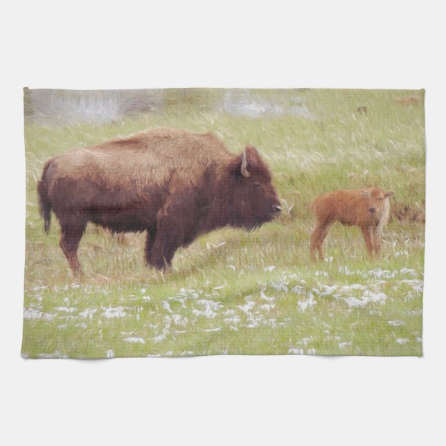 Bison and Calf in Yellowstone Kökshandduk (Horisontell)