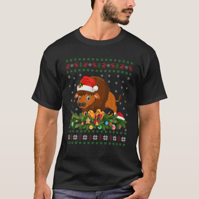 Bison Animal Lover Santa Hat Ugly Bison jul T Shirt (Framsida)