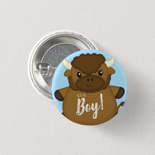 Bison Buffalo Baby Shower Blue Knapp (Framsida & baksida)