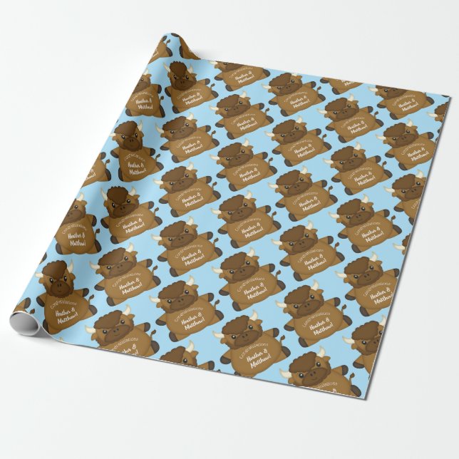 Bison Buffalo Baby Shower Blue Presentpapper (Utrullad)