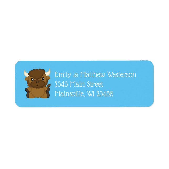 Bison Buffalo Baby Shower Blue Returadress Etikett (Framsidan)