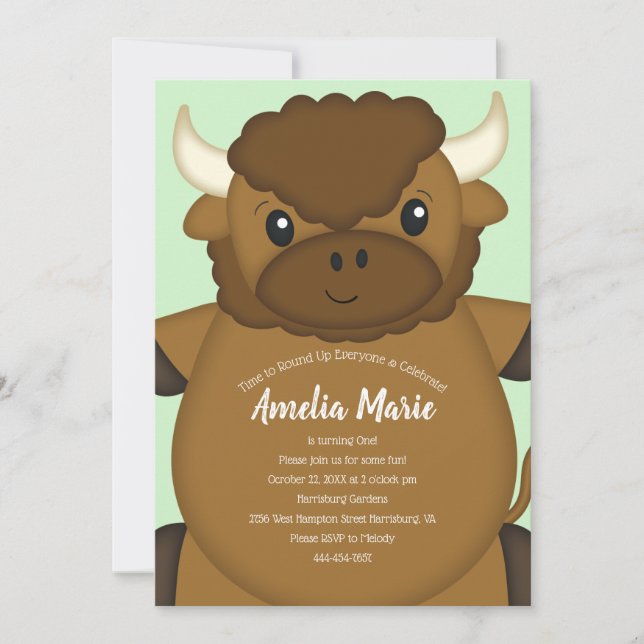 Bison Buffalo Födelsedagsfest Grönt Inbjudningar (Framsida)