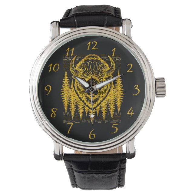 Bison Buffalo Head Illustration Amid Tall Träd Armbandsur (Framsida)
