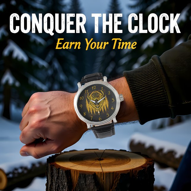 Bison Buffalo Head Illustration Amid Tall Träd Armbandsur (Skapare uppladdad)