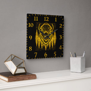 Bison Buffalo Head Illustration Amid Tall Träd Fyrkantig Klocka