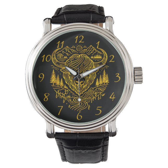 Bison Buffalo Illustration i ett naturlandskap Armbandsur (Framsida)