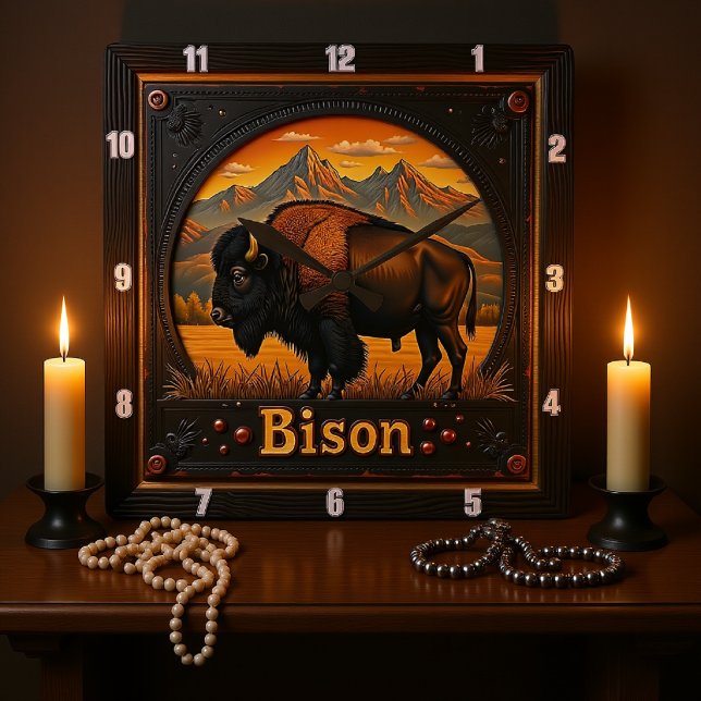 Bison Buffalo Mountain Bison Sunset Fyrkantig Klocka (Skapare uppladdad)