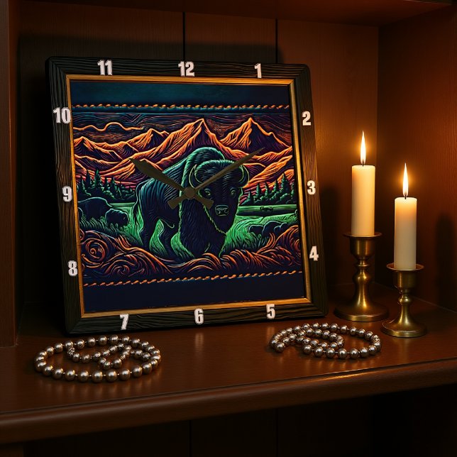 Bison Buffalo Neon Bison Fyrkantig Klocka (Skapare uppladdad)