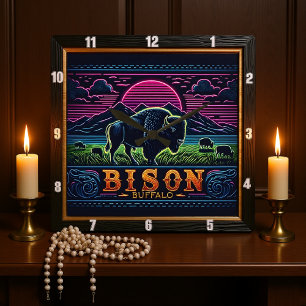 Bison Buffalo Neon Bison Sunset Fyrkantig Klocka