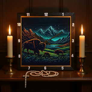 Bison Buffalo Night Bison Journey Fyrkantig Klocka