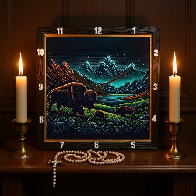 Bison Buffalo Night Bison Journey Fyrkantig Klocka (Skapare uppladdad)