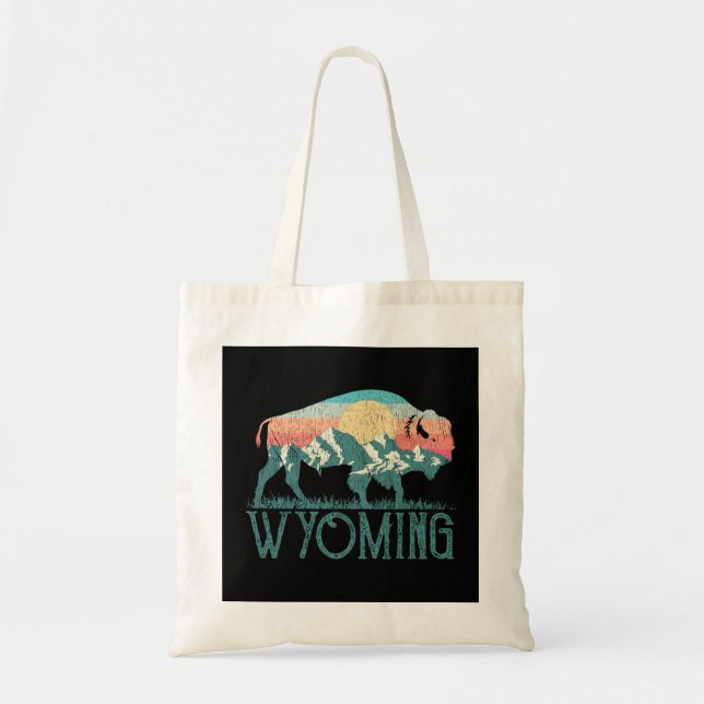Bison Buffalo Retro Berg WY Wyoming Långärmad Tygkasse (Framsidan)