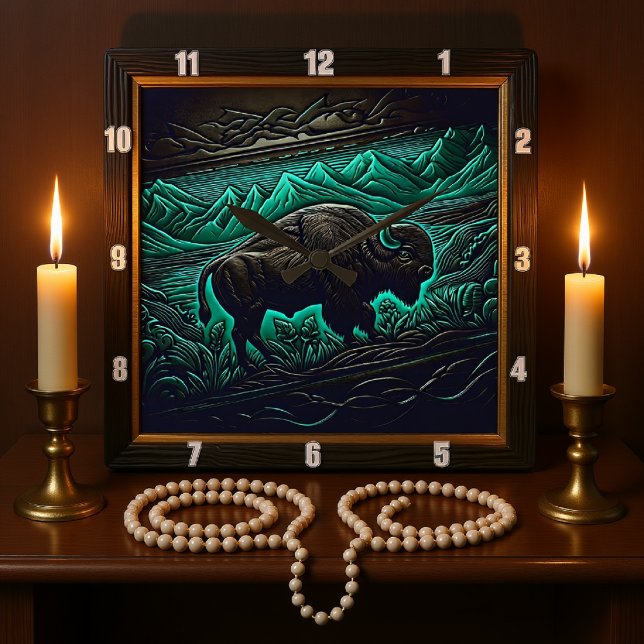 Bison Buffalo Tooled Teal Bison Fyrkantig Klocka (Skapare uppladdad)
