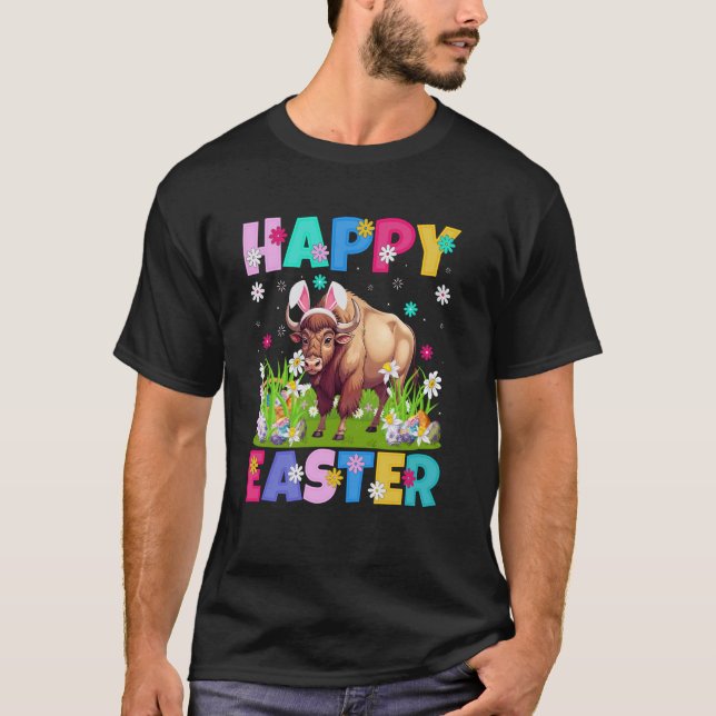 Bison Glad Påsk Äggjakt Kaninöron Bison Påsk T Shirt (Framsida)
