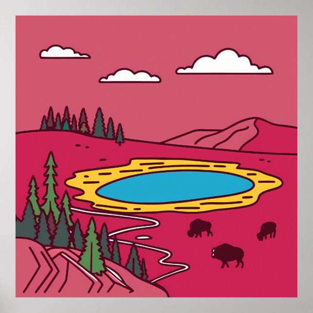 Bison Graze by Geothermal Pool in Yellowstone Poster (Framsidan)