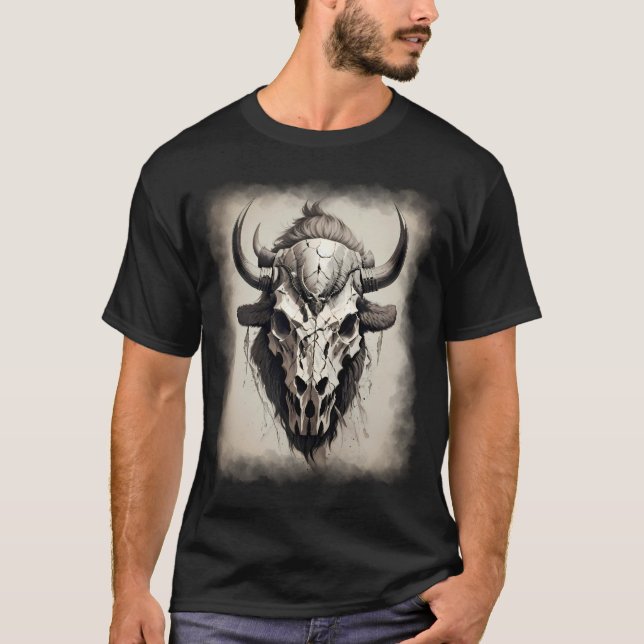 Bison head buffalo boho stil tatto gothic t shirt (Framsida)