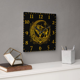 Bison i en Blommigt Crescent Måne Design Fyrkantig Klocka