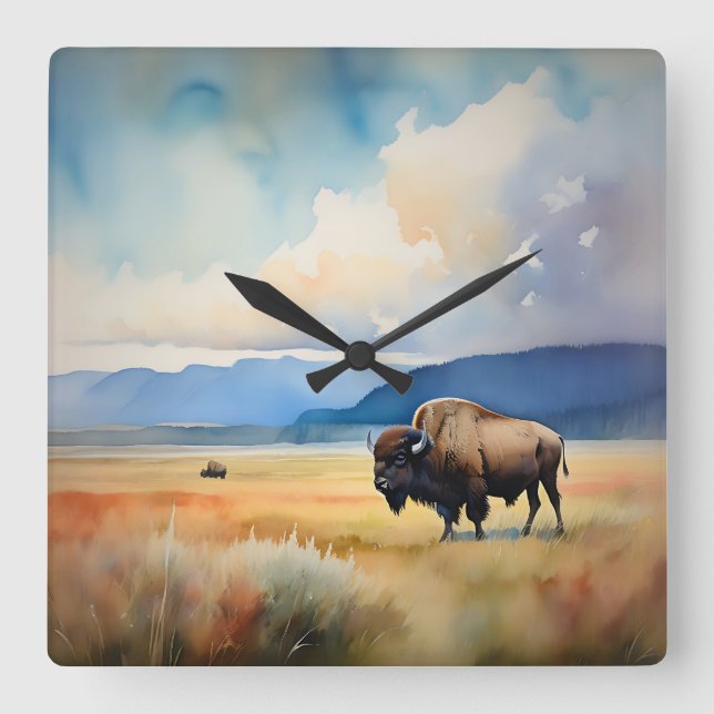 Bison i Meadow Fyrkantig Klocka (Framsida)